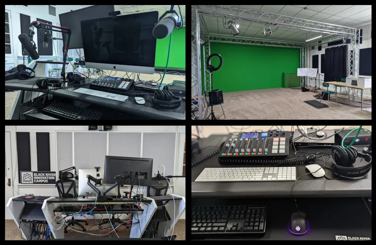 Collage of recording studio showing podcasting equipment, green screen with lighting, and recording workstation
