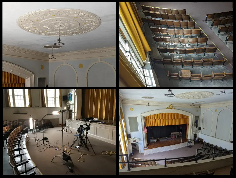 Collage of auditorium showing a theater stage, seating, and building detail