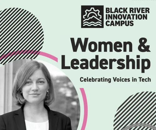 A woman leader in tech with the BRIC logo and an announcement about the women & leadership conference.