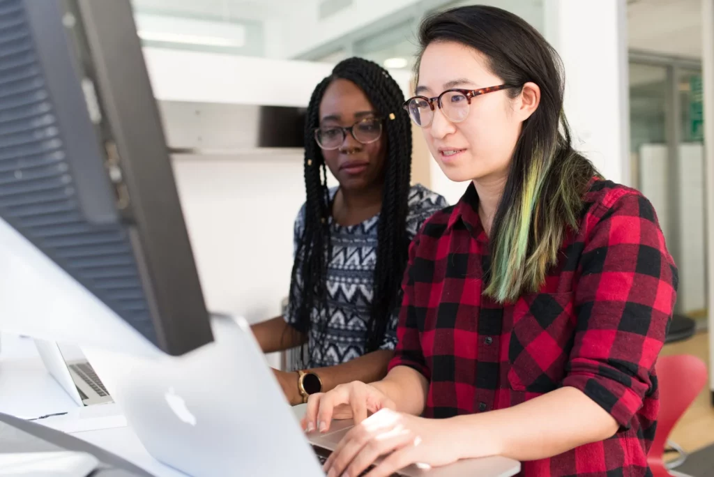 Pair of female entrepreneurs working at a computer